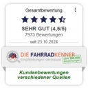 Auszeichnung für linexo von den Fahrradkennern mit einer Gesamtbewertung von 4,6/5 Sternen mit 7973 Bewertungen