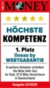 1. Platz Auszeichnung für linexo für die höchste Kompetenz mit 5 Sternen von Focus Money